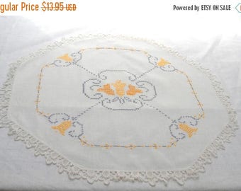 Fall Sale Vintage Tulip Cross Stitch Octagonal Cotton Linen Table Topper Tablecloth
