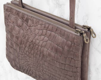 SALE Shoulder bag 'DUO' in taupe croco print leather