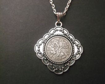 British Sixpence Coin Necklace - British SixPence Coin Pendant in Pendant Tray- 1956 British Six Pence Coin Necklace