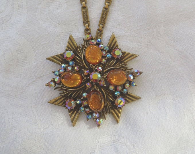 Florenza Maltese Cross Necklace, Amber Cabs Aurora Borealis Stones, Vintage Designer Signed, Heraldic Jewelry