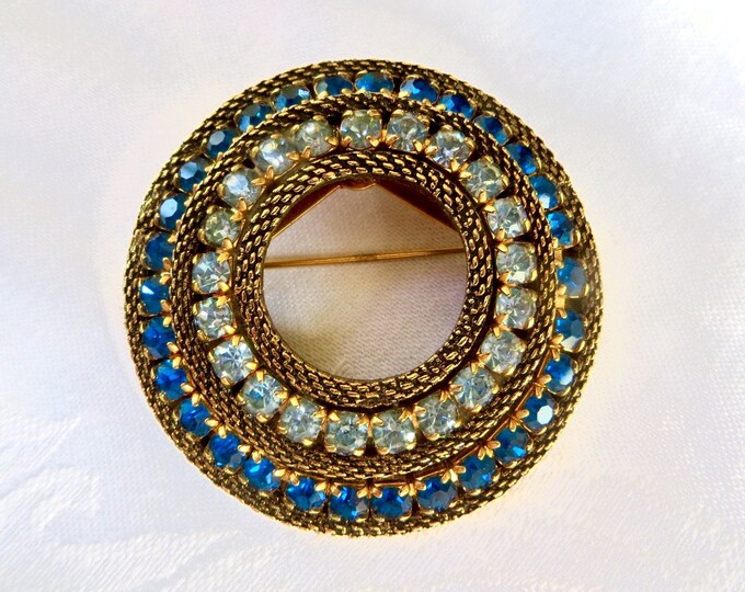 Vintage Rhinestone Brooch, Mesh Circle Pin, Cobalt Sky Blue, Vintage 1950s Jewelry