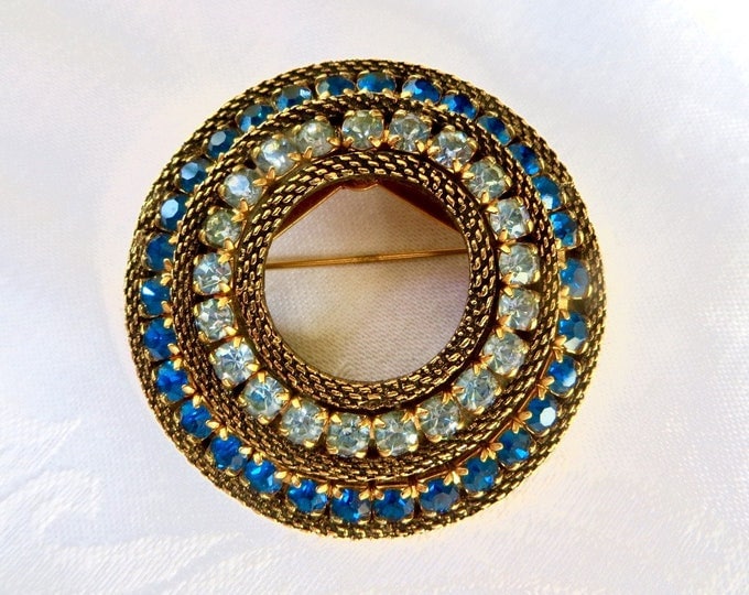 Vintage Rhinestone Brooch, Mesh Circle Pin, Cobalt Sky Blue, Vintage 1950s Jewelry