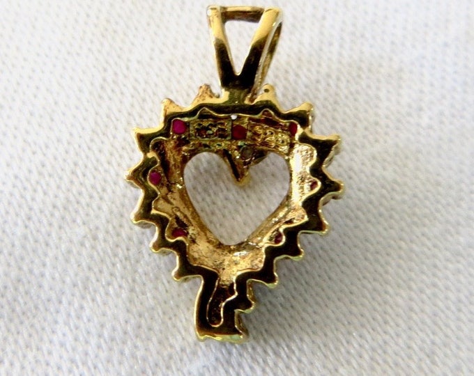 Vintage Sterling Heart Pendant, Diamond and Ruby Stones, Anniversary Gift