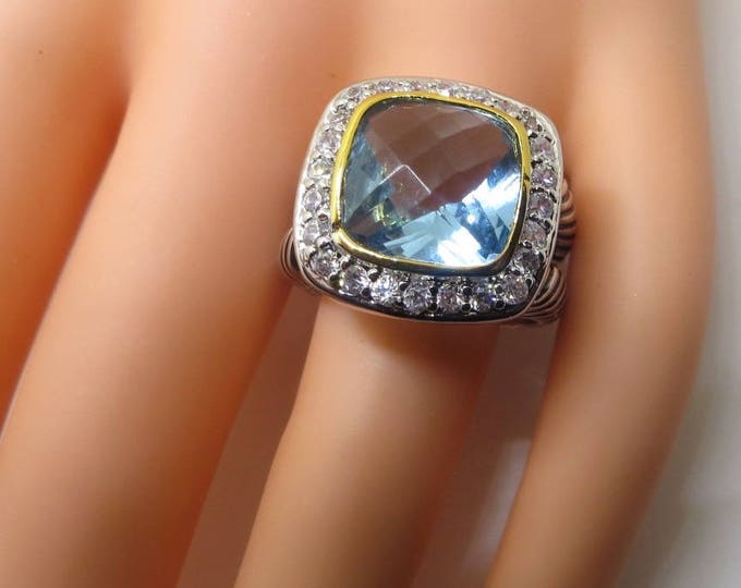 Cushion Cut Blue Topaz Ring, Silver & Gold Plate, Crystal Stones, Designer Inspired Statement Jewelry, Vintage, Size 9