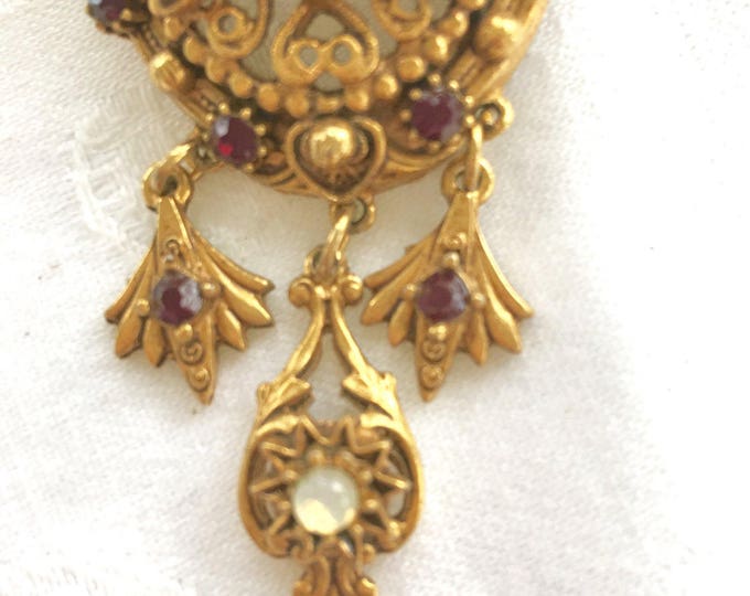 Vintage Florenza Dangle Brooch, Garnet Red and Moonstone Dangle PIn, Designer Signed Jewelry
