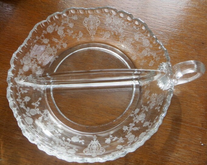 Cambridge Glass Rose Point Divided Dish, Vintage Etched Glass, Candy Dish, Serving Plate, Elegant Depression Glass