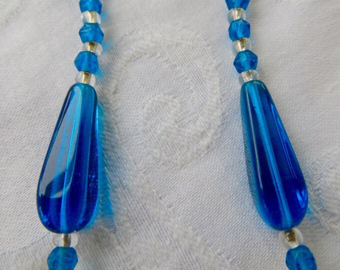 Art Deco Glass Necklace, Cobalt Blue Czech Beads, Filigree Caps, Vintage Art Deco Jewelry