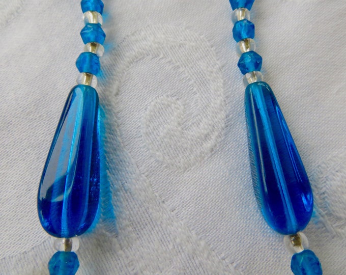 Art Deco Glass Necklace, Cobalt Blue Czech Beads, Filigree Caps, Vintage Art Deco Jewelry