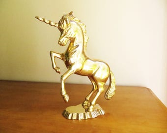 Vintage Brass Unicorn Figurine Gold Unicorn Statue Solid Brass Horse Unicorn Horn