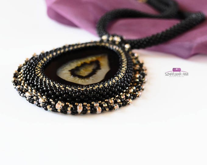 agate stone necklace, beaded necklace, statement necklace, tiny beads necklace, black necklace, agate stone, stone necklace, gift women