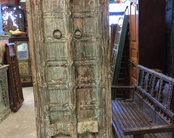 Antique Haveli Armoire Furniture Vintage Natural Whitewash Storage Cabinet Hand Carved Indian Armoire Mediterranean Decor FREE SHIP