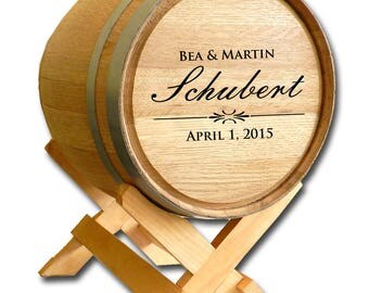 Custom Oak Wood WEDDING BARREL Gift Card Holder - Personalized with choice of The Couple's First Names, Their Last Name & The Wedding Date.