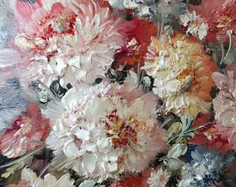 Vintage peony oil painting with wooden frame
