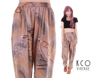 Vtg Baggy Tapered Rayon Pants High Waisted Abstract Earth Tone Trousers Hammer Harem 80s 90s Vintage Clothing Women's Size SMALL