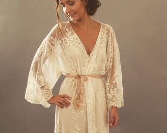 Bridal Lingerie, Lace Kimono Robe, Bridal Underwear, Bridal robes, Getting ready robes, Sheer Kimono, Wedding Lingerie, Bride Robe - HELENA