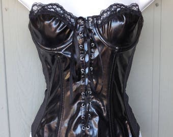 Vintage 90s Black Vinyl PVC Pleather Wet Look Lace-Up Bustier Corset by Frederick's of Hollywood - Fetish / BDSM / Dominatrix - size 36B