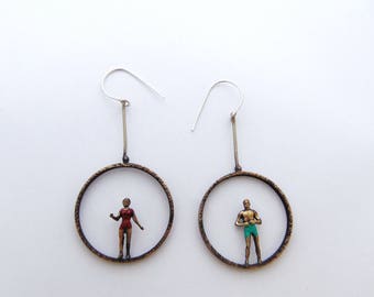 Swimmers Circles Earrings, Swimsuit Earrings, Swimwear Figures Earrings, Summer Sterling Silver Earrings, Beach Swimmers People Earrings