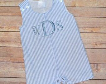 Baby boy beach outfit, baby boy jon jon, seersucker shortall, boy monogrammed outfit, summer, toddler outfit, toddler romper, seersucker