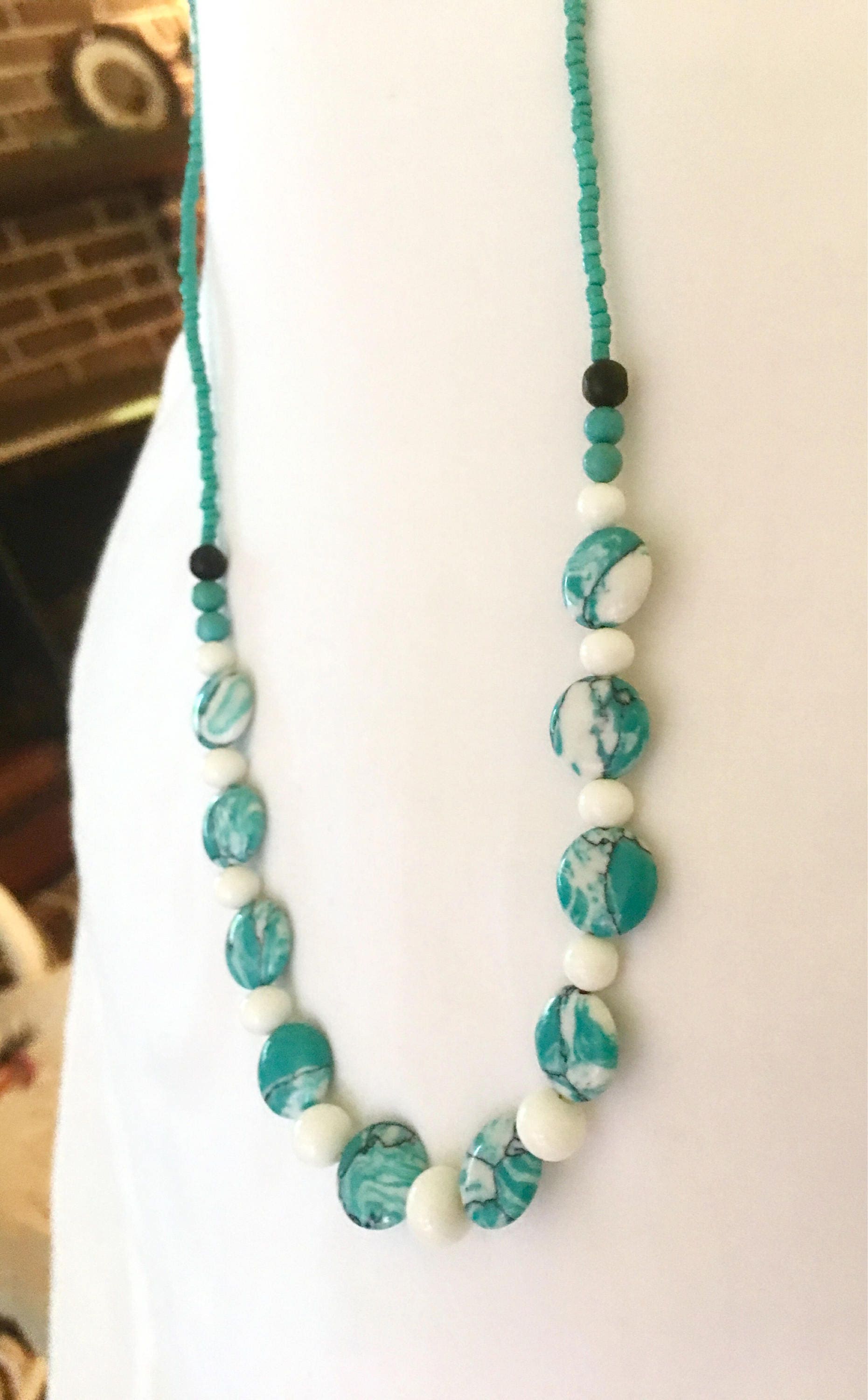 Womens necklace hand made bead necklace turquoise white