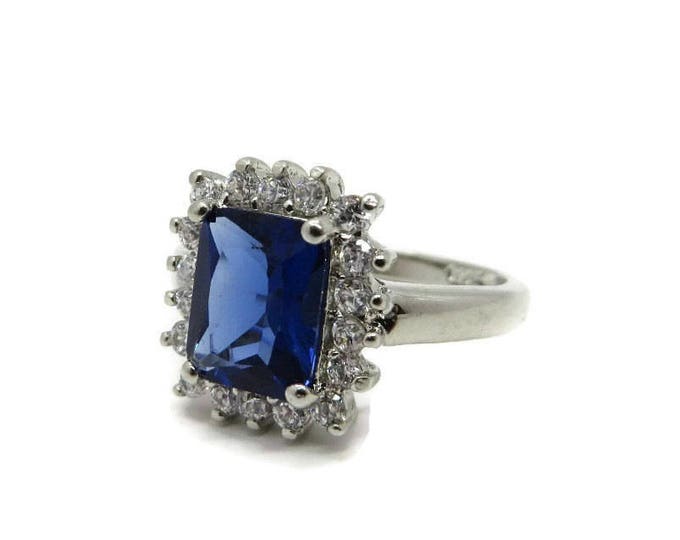 Sterling Silver - Sapphire CZ Cocktail Ring Vintage FAS Sterling Silver, Blue and White CZ, Dinner Ring Size 8