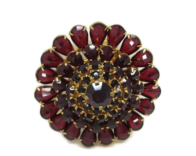 Vintage Red Austrian Crystal Brooch, Crystal Flower Pin, Gold Tone Austria Pin