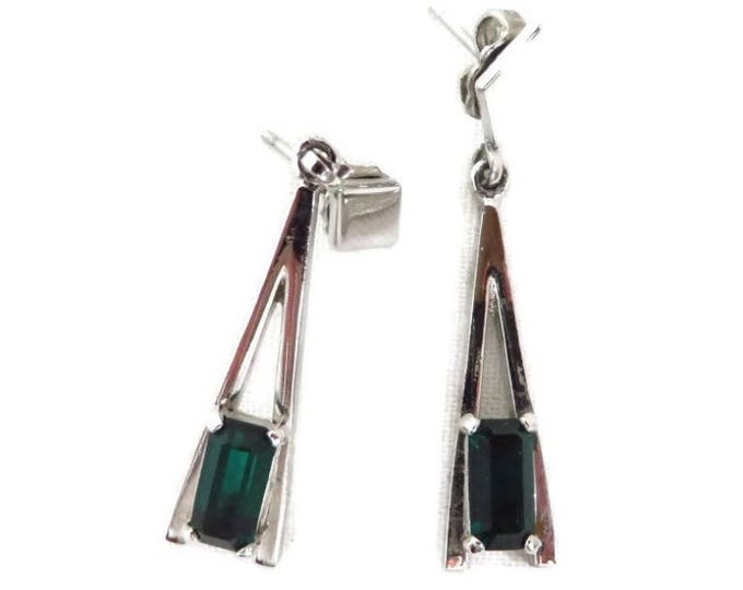 Avon Eiffel Tower Earrings, Vintage Emerald Glass Silver Tone Pierced Stud Dangling Earrings
