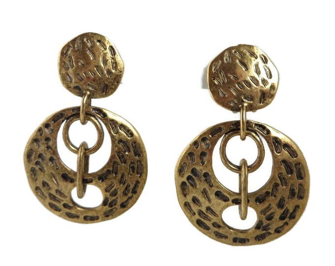 Vintage Chicos Dangling Disc Earrings - Gold Tone Cavewoman Clip-ons, Gift for Her