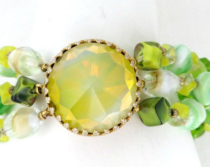 Vintage Bracelet - Hattie Carnegie Crystal Bracelet, Three Strand Green Glass Bracelet, Designer Signed Bracelet