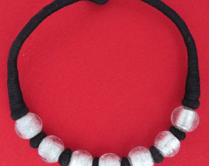 Black White Glass Bead Necklace, Vintage Boho Hippie Corded Necklace