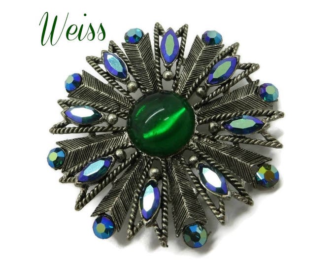 Vintage Emerald Rhinestone Brooch, Signed Weiss Green and AB Rhinestone Silver Tone Brooch