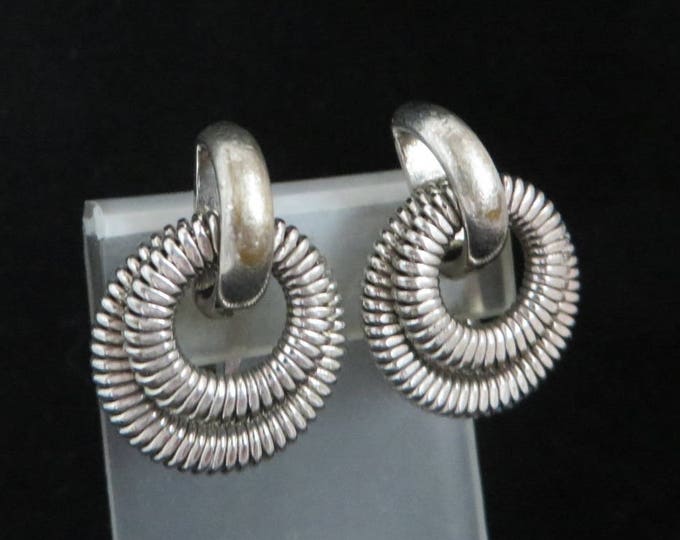 Vintage Bergere Hoop Earrings, Silver Tone Ridged Double Hoop Clip-on Earrings, Signed Designer Jewelry