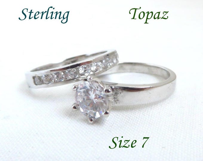 Sterling Silver Wedding Ring Set, Vintage Topaz Engagement Ring, Wedding Band, Size 7, Gift for Her