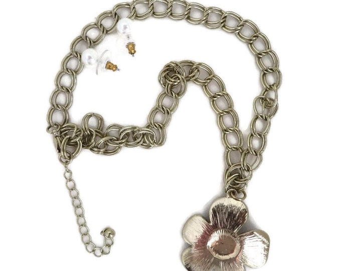 Anne Klein Jewelry Set, Vintage Gold Tone Blue Flower Necklace, Faux Pearl Pierced Earrings Set, Demi Parure