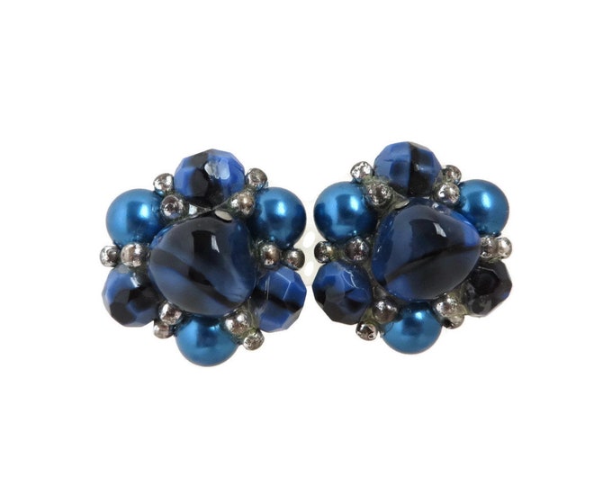Trifari Blue Cluster Bead Earrings, Vintage Silver Tone Blue & Silver Bead Clip-ons