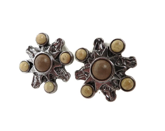 Vintage Earrings, Silver Tone Brown Bead Earrings, Signed Robert Rose Clip-on Earrings, 70s Retro Jewelry