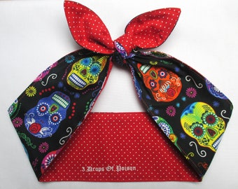 Sugar Skull Skulls Headband Pinup Vintage Retro Style 50s Rockabilly Head Wrap Scarf Red and White polka dots Bandana Day of the Dead
