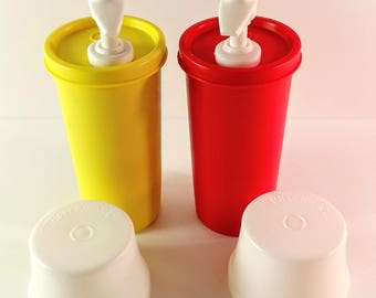 Vintage Red and Yellow Tupperware Ketchup and Mustard Dispenser Set with White Caps. Retro Patio, Deck, Pool and Picnic Supplies.