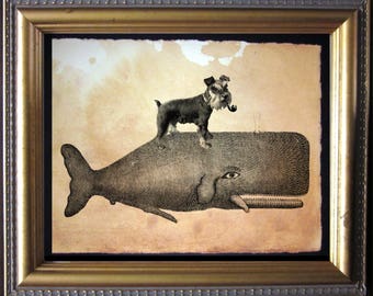Mini Schnauzer Dog Riding Whale - Vintage Collage Art Print on Tea Stained Paper - Vintage Art Print