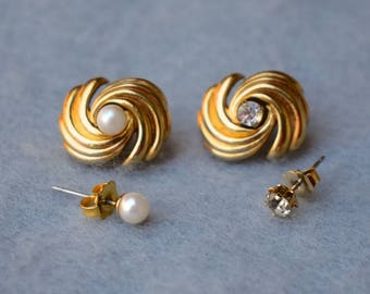 Faux Pearl and Rhinestone Convertible 4 Way Gold Tone Earrings Avon Vintage