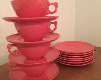 Vintage Red Melmac Melamine Cups and Saucers