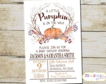 Little Pumpkin Baby Shower Invitation, Pumpkin Baby Shower, Fall Baby Shower, Boho Baby Shower Invitation, Rustic Baby Shower, 9822-A