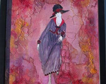 Original painting, Portrait woman retro "Louise", black frame 16,6 x 12,7 in, mixed media, painting on paper, acrylic, silk thread, collage