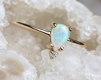 14k Pear Opal Ring, Teardrop Opal Ring, Tear Ring, Prong Setting, October Birthstone, Solid Gold, Tiara Ring Ring, Floating Stone