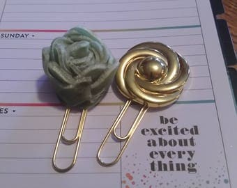 felt green rose and gold metal like button planner clips