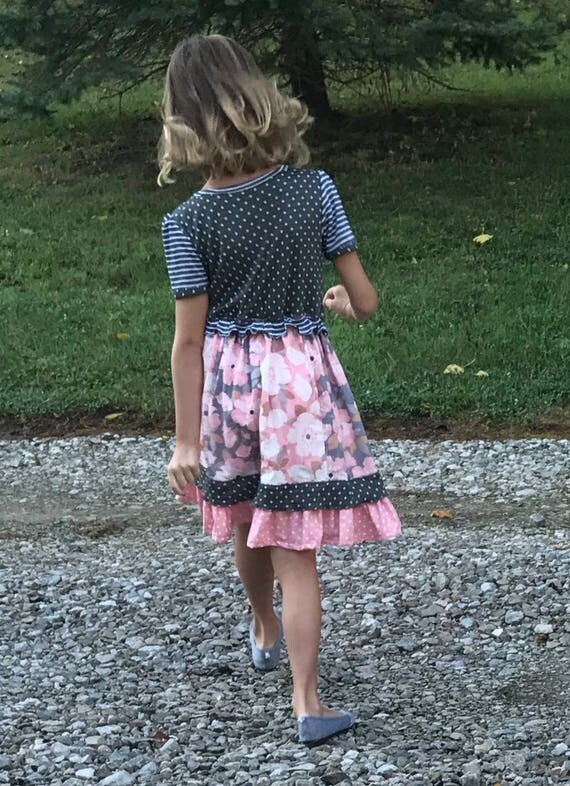 Girls dress,girls fall dress,girls big flowered dress,polka dot dress,toddler dress,gray and rose dress,striped dress,girls fancy dress