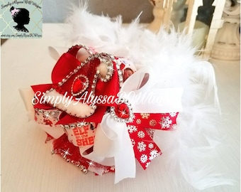 New! 5.5"length,5.5"width Elf on the Shelf inspired hair bow with silver diamond mesh jewels, crystal rhinestones,feathers