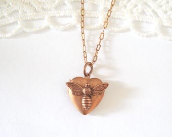 Dainty Bee Locket, Little Heart Locket, Copper Necklace, Layering Locket, Rustic Jewelry, Gift for Her
