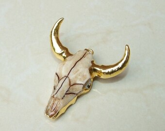 Gold Plated Longhorn Cattle Skull Pendant - Skull Pendant - Buffalo Skull Pendant - Cow Horn - Charm- Gold Plated - 45mm x 45mm