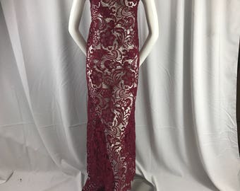 Burgundy flower guipure-chemical lace-apparel-fashion-decorations-dresses-nightgown-sold by the yard.