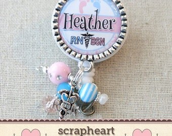Labor and Delivery Badge Reel, RN PERSONALIZED Name Badge, Pink and Blue OB Gift, Baby Feet, L&D Hospital Staff, Postpartum Nursing, Id Clip